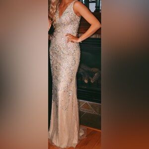 Preowned GIGI Nude Beaded Evening Gown Dress, Size 6